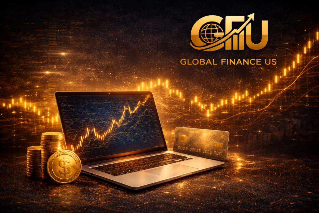 Gold financial trading setup with laptop, credit card, and coins showing market growth, loans, and credit insights by Global Finance US