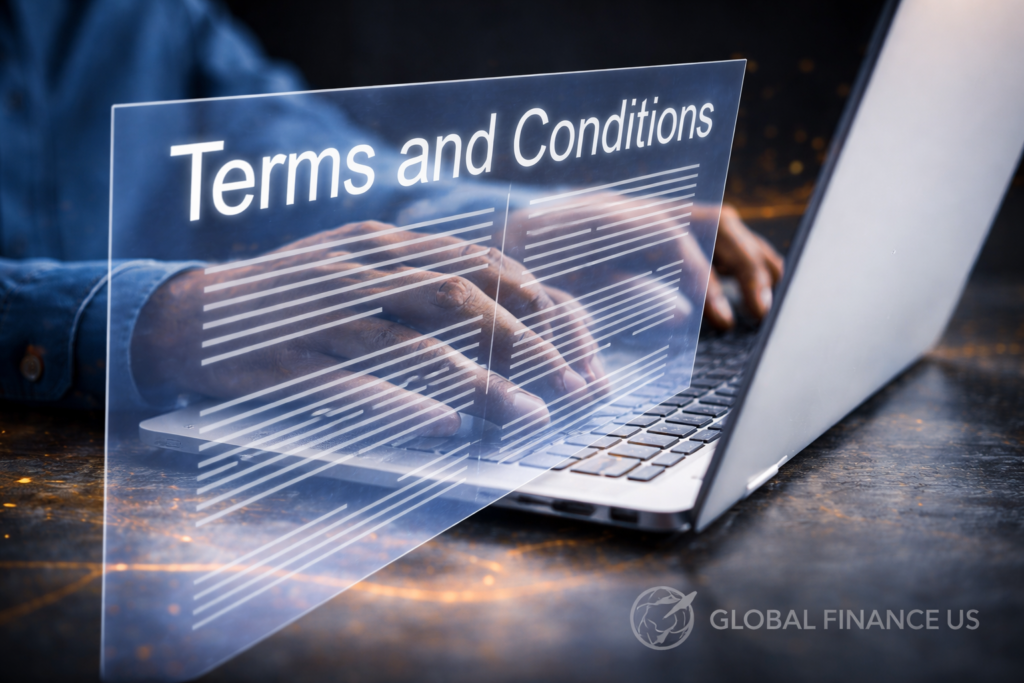 Holographic “Terms and Conditions” interface displayed over a laptop with typing hands, representing digital finance policies and legal agreements for Global Finance US.