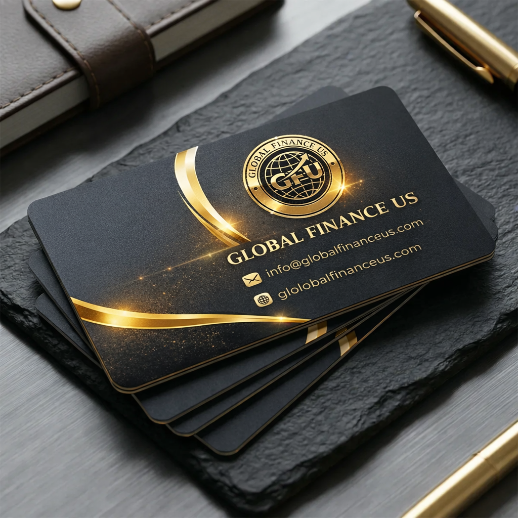 Premium black and gold business card for Global Finance US representing finance services, credit cards, loans, insurance, and global market solutions