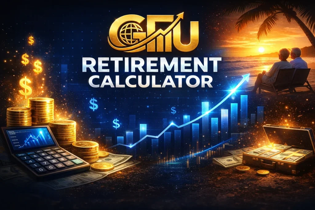 GFU retirement calculator with growth chart, dollar symbols, coins, calculator, and senior couple relaxing on a beach at sunset