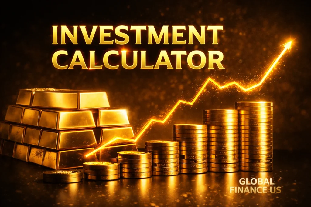 Investment calculator concept with gold coins, plant growth and rising chart showing wealth growth and ROI planning