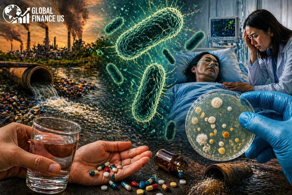 Antibiotic resistance crisis in America 2026 caused by environmental pollution, contaminated water, bacteria growth, rising healthcare costs USA, superbug threat and medical emergency
