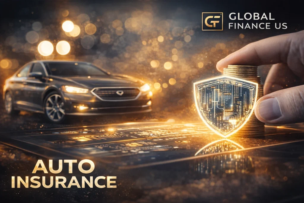 Cheap auto insurance 2026 USA driver using mobile to compare car insurance quotes with savings and protection shield concept