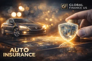 Cheap auto insurance 2026 USA driver using mobile to compare car insurance quotes with savings and protection shield concept