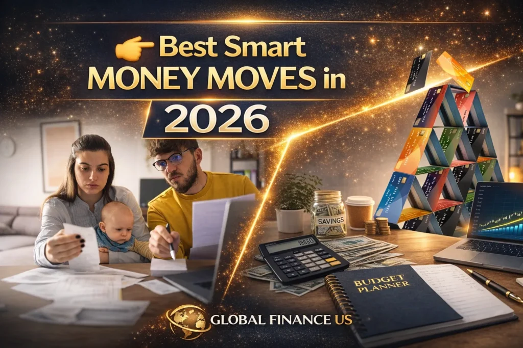 Best smart money moves in 2026 showing U.S. couple managing bills, credit card strategy, savings planning, and financial growth during inflation and rising interest rates