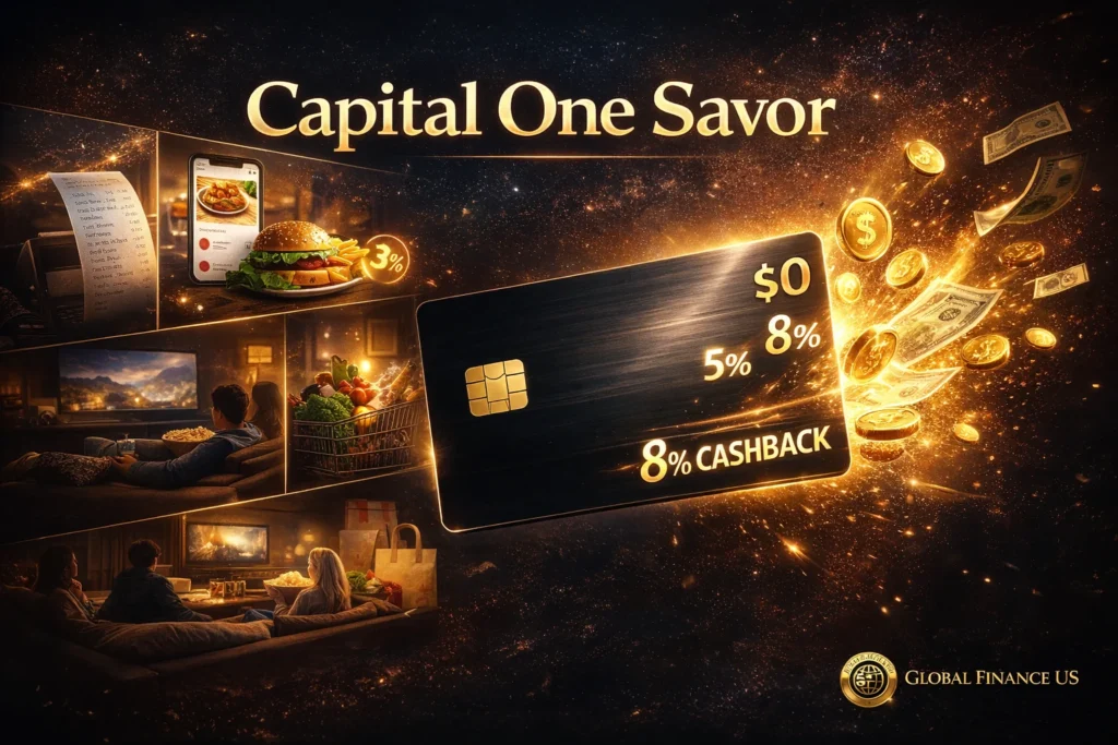 Capital One Savor Review 2026 featured image showing cashback rewards, dining, groceries, streaming and travel benefits with dark premium design