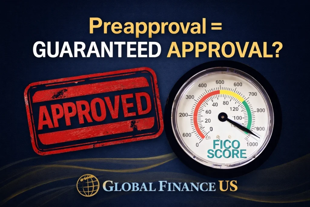 Preapproved credit card approval concept with approved stamp and FICO score meter showing approval chances in USA credit system