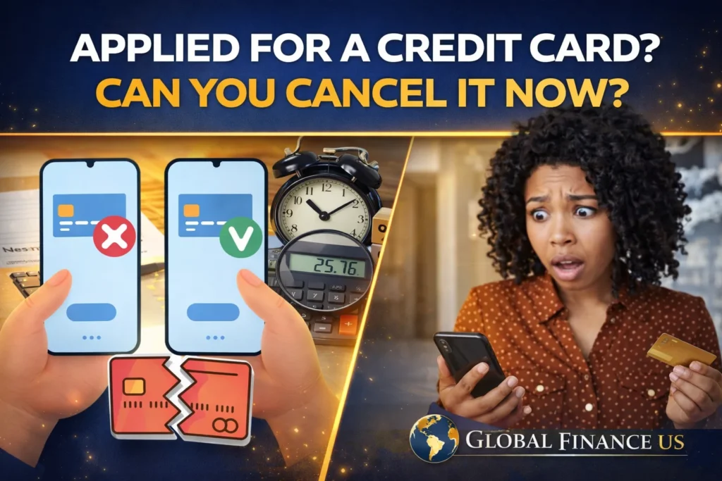 Applied for a credit card and wondering if you can cancel it now, showing approval vs cancel decision, credit card comparison and financial planning concept