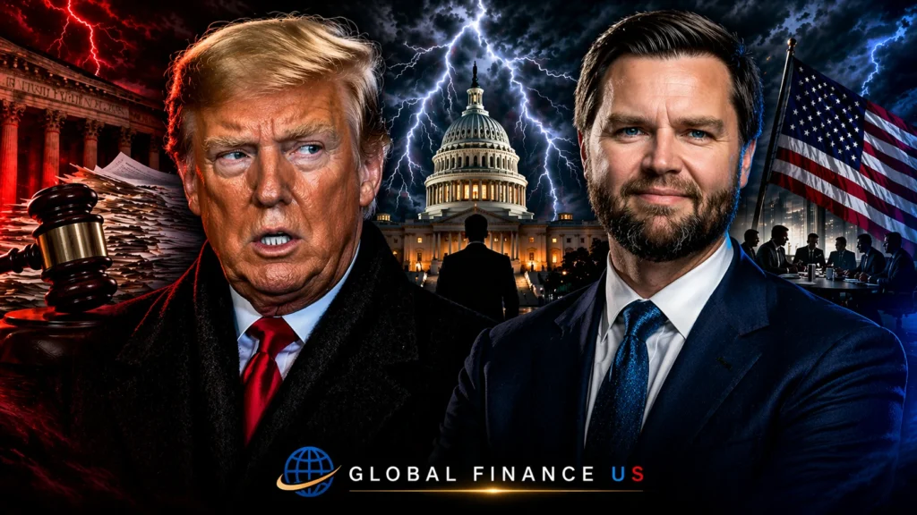 Donald Trump under pressure with legal crisis visuals, alongside JD Vance as a potential alternative, with US Capitol storm background and Global Finance US branding
