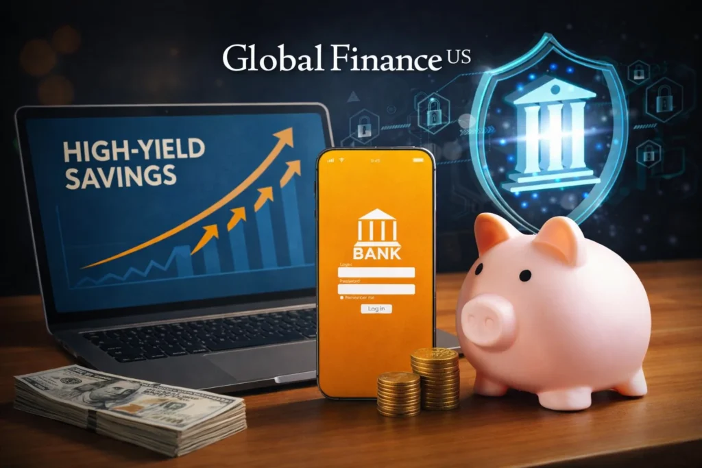High-yield savings account concept showing mobile banking app login, piggy bank, cash and rising interest graph representing best savings rates in USA April 2026