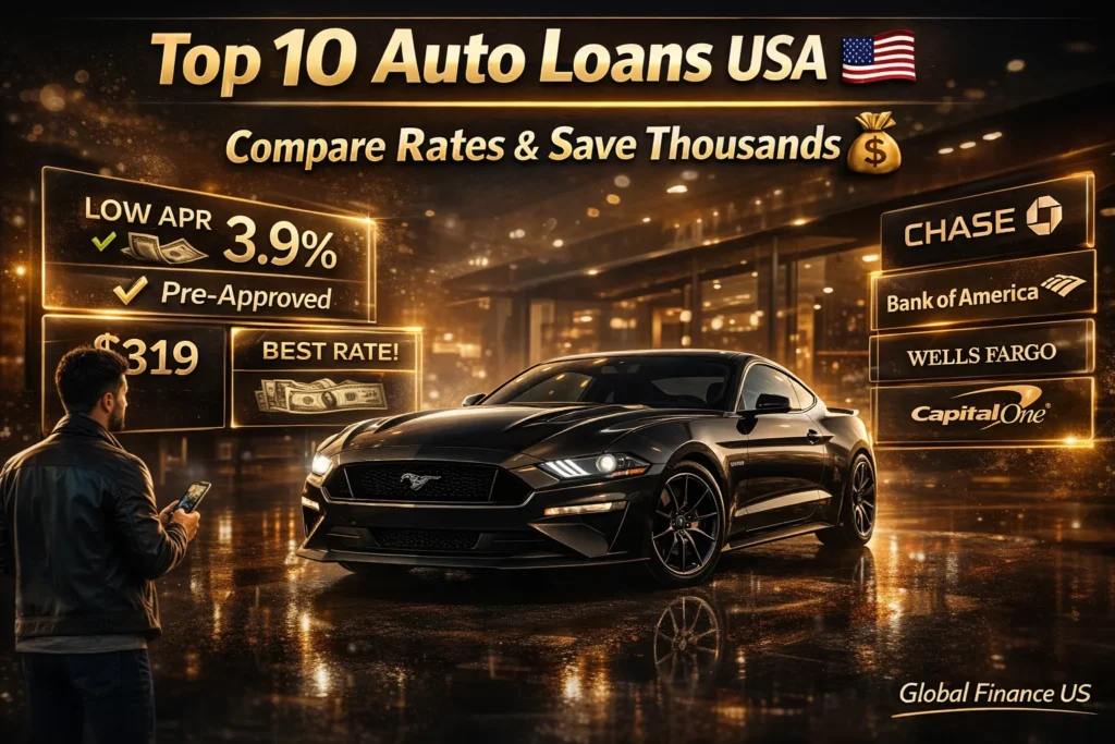Best auto loans USA comparison with Ford Mustang, low APR car financing, top 10 banks auto loan rates