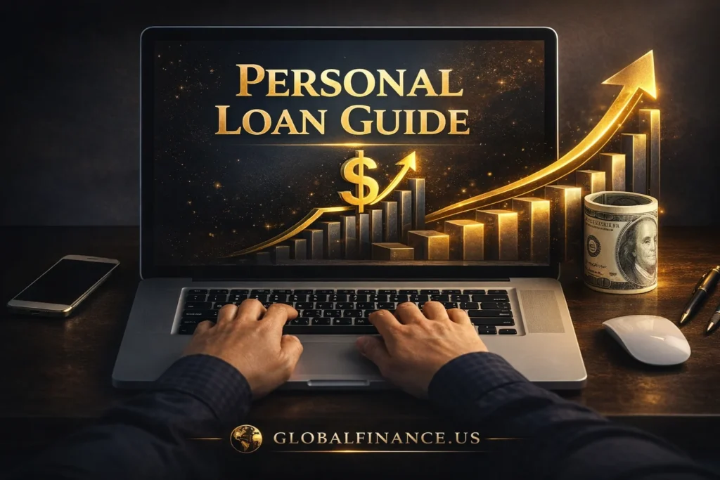 Personal loan guide on laptop screen with growth chart and dollar symbol – apply for a personal loan in easy steps USA