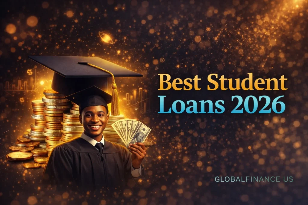 Best Student Loans 2026 guide with graduate holding cash and stacked coins, showing loan rates, interest and financial growth concept USA
