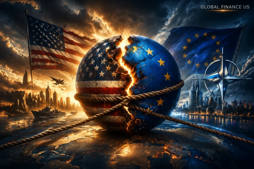 Global power shift visualization showing cracked USA and EU globe, NATO tensions, rising geopolitical conflict, and shifting world order with military and financial instability