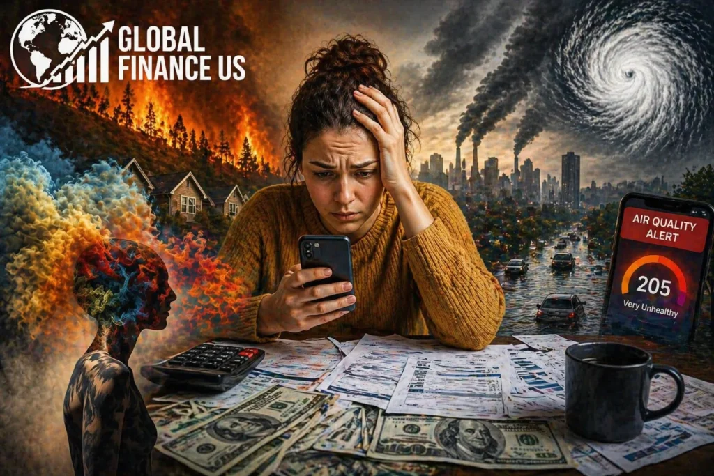 Eco-anxiety in America 2026 woman stressed over finances climate change wildfire flood air quality alert mental health crisis USA