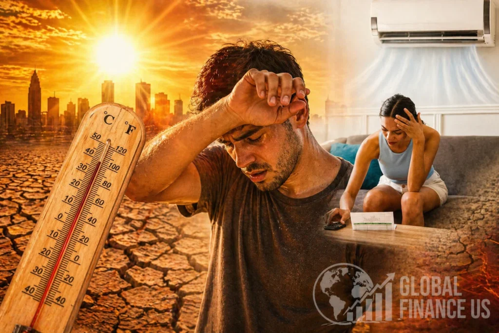 extreme heat stress America 2026 man sweating high temperature thermometer heatwave drought financial stress AC cost USA