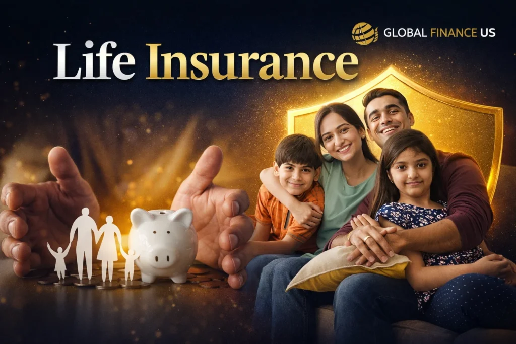 Affordable life insurance concept showing financial growth chart, digital insurance technology, and secure future planning for families in the USA