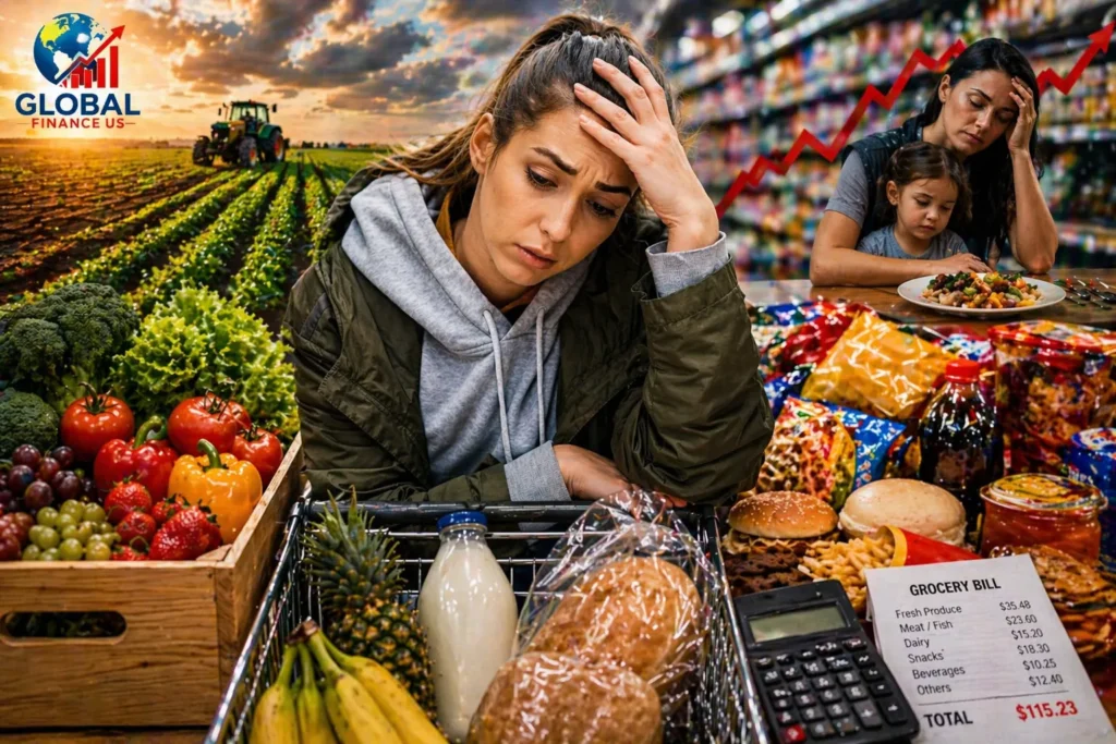 Hidden hunger in America showing rising grocery costs, nutrient-poor food, and financial stress impacting U.S. families