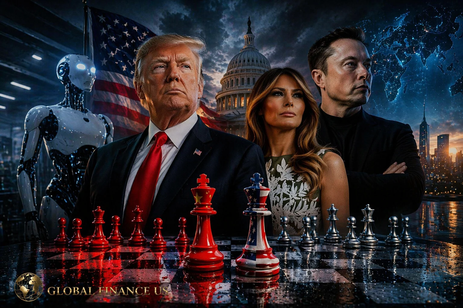 Global power shift concept showing US politics, Elon Musk tech influence, AI future, and geopolitical chess strategy shaping new world order 2026