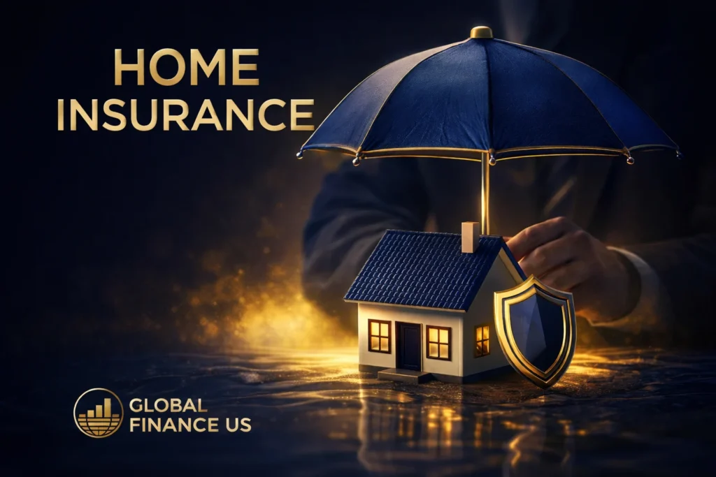 Best Home Insurance USA 2026 concept showing house protected under umbrella with shield – homeowners insurance coverage guide to save money