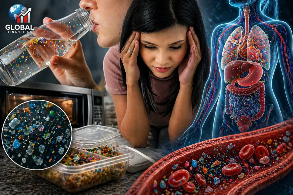 Microplastics in America entering the human body through bottled water, food containers, and bloodstream causing health risks and rising healthcare costs in the USA