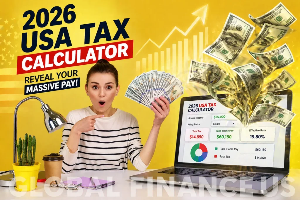 USA Tax Calculator 2026 showing take-home pay with shocked woman holding cash and laptop income tax calculator display