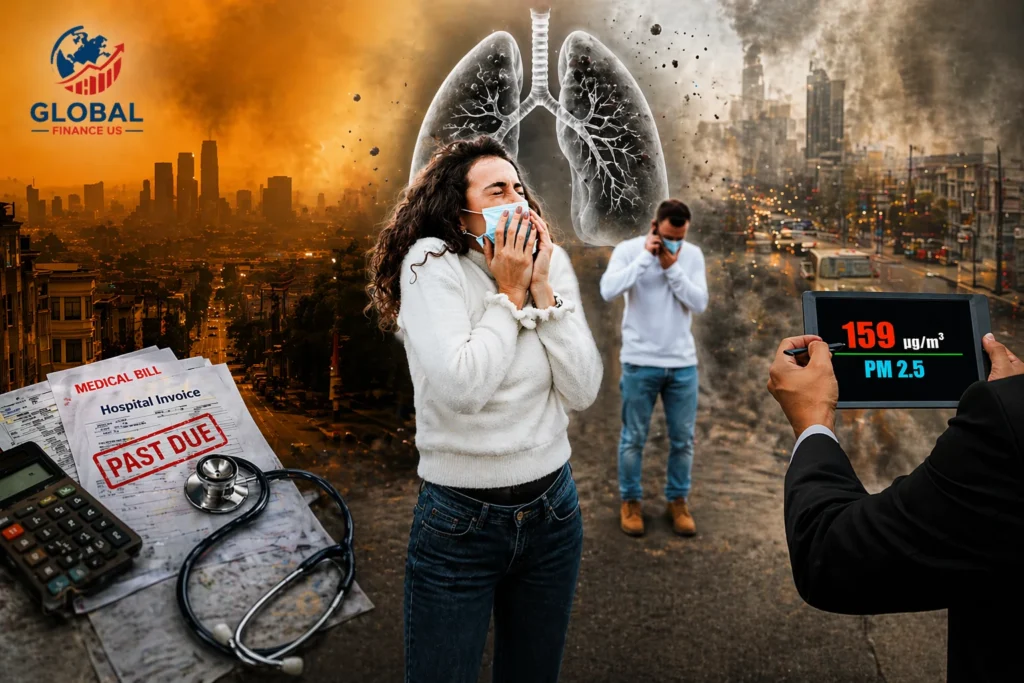 PM2.5 air pollution in the United States showing smog-filled cities, rising healthcare costs, and health risks affecting American families