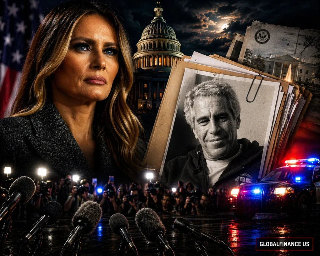 Melania Trump serious expression with Epstein case files, U.S. Capitol, media pressure and police lights illustrating political controversy and public scrutiny in America