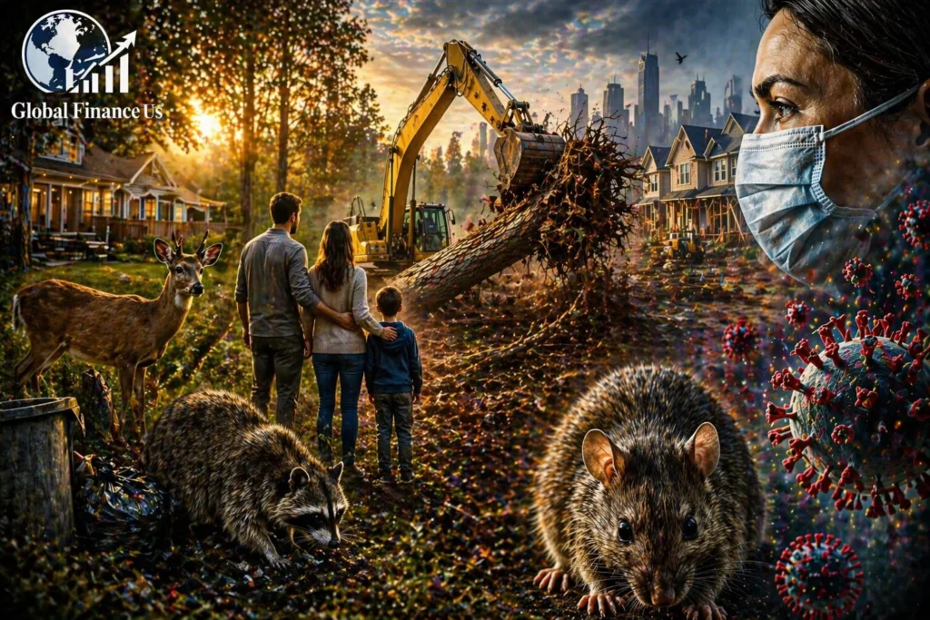 Zoonotic spillover risk in America showing suburban deforestation, wildlife like deer and rodents near homes, and virus transmission threat impacting public health and financial stability