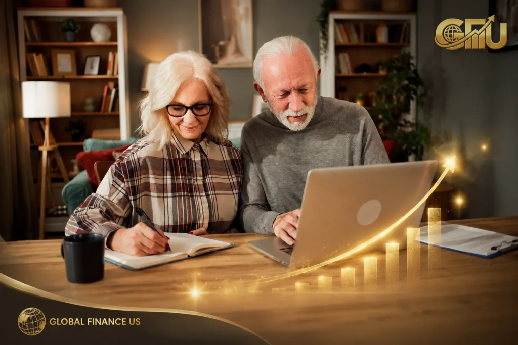 Couple planning retirement savings on laptop using a 401k Calculator with investment growth chart and Global Finance US branding.