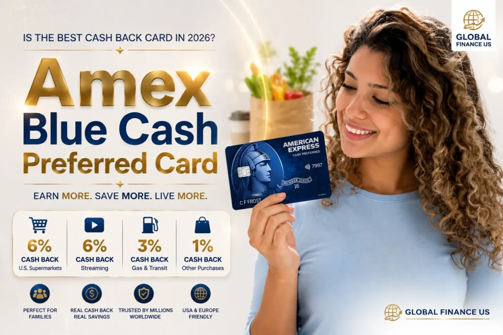 Amex Blue Cash Preferred Card promotional banner with cashback rewards, smiling woman holding credit card, and Global Finance US branding for 2026 review.