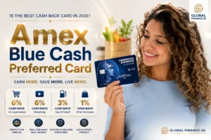 Amex Blue Cash Preferred Card promotional banner with cashback rewards, smiling woman holding credit card, and Global Finance US branding for 2026 review.