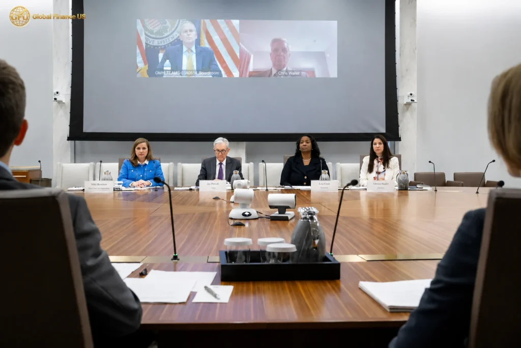 Federal Reserve board meeting during economic policy discussions as Fed faces Trump assaults and leadership transition challenges in 2026.