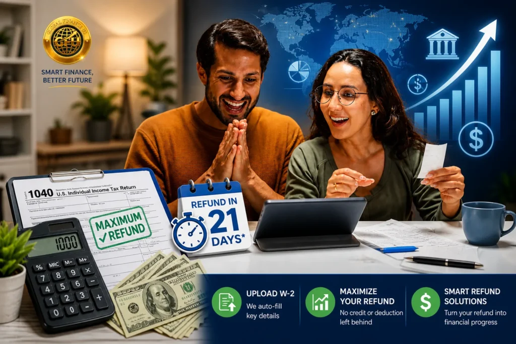 Tax refund success concept with happy couple reviewing finances and Global Finance US logo