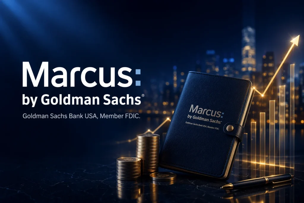 Marcus by Goldman Sachs high yield savings account review 2026 featuring luxury digital banking dashboard, gold coins, rising financial growth chart and premium online savings concept for USA and Europe investors