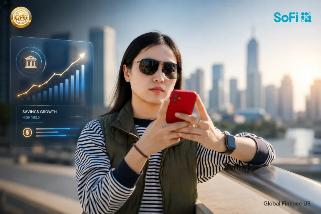 An investor evaluating market-leading asset compounding trends using a smartphone interface displaying a rising financial growth trajectory chart, representing a comprehensive SoFi High Yield Savings Account review for global wealth optimization.