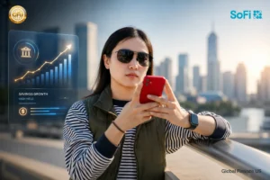 An investor evaluating market-leading asset compounding trends using a smartphone interface displaying a rising financial growth trajectory chart, representing a comprehensive SoFi High Yield Savings Account review for global wealth optimization.