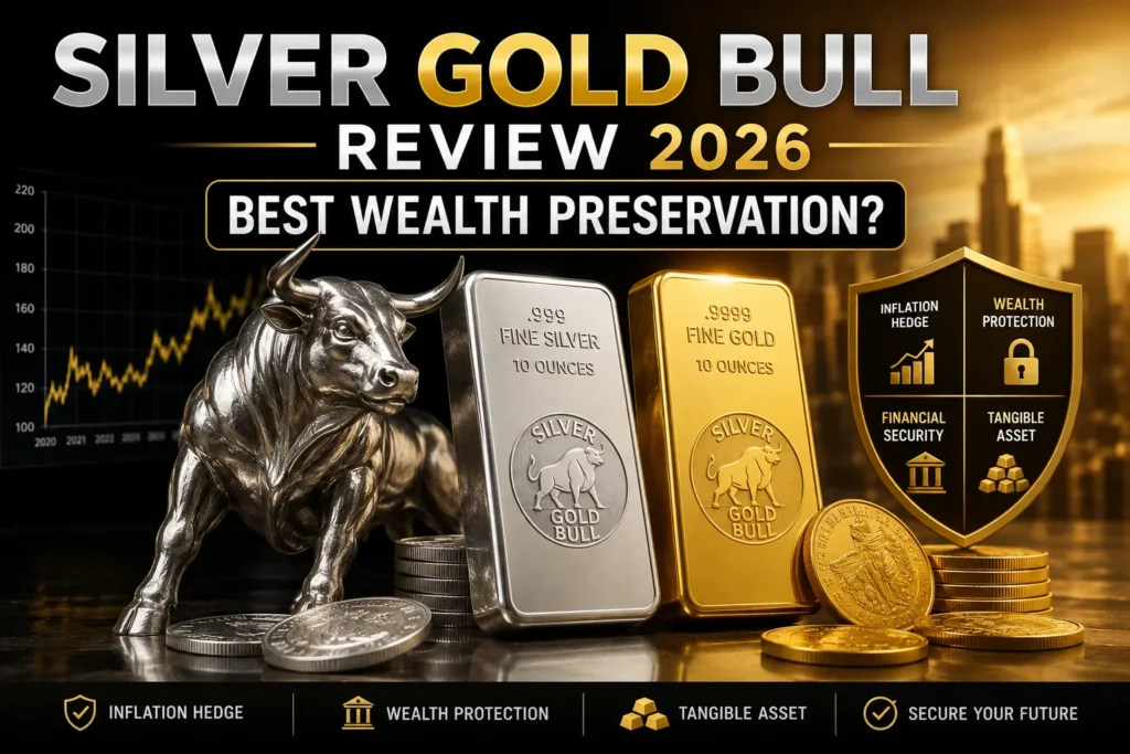 Silver Gold Bull Review 2026 showing gold bars, silver bullion, investment coins, and wealth preservation assets for inflation protection and long-term financial security.