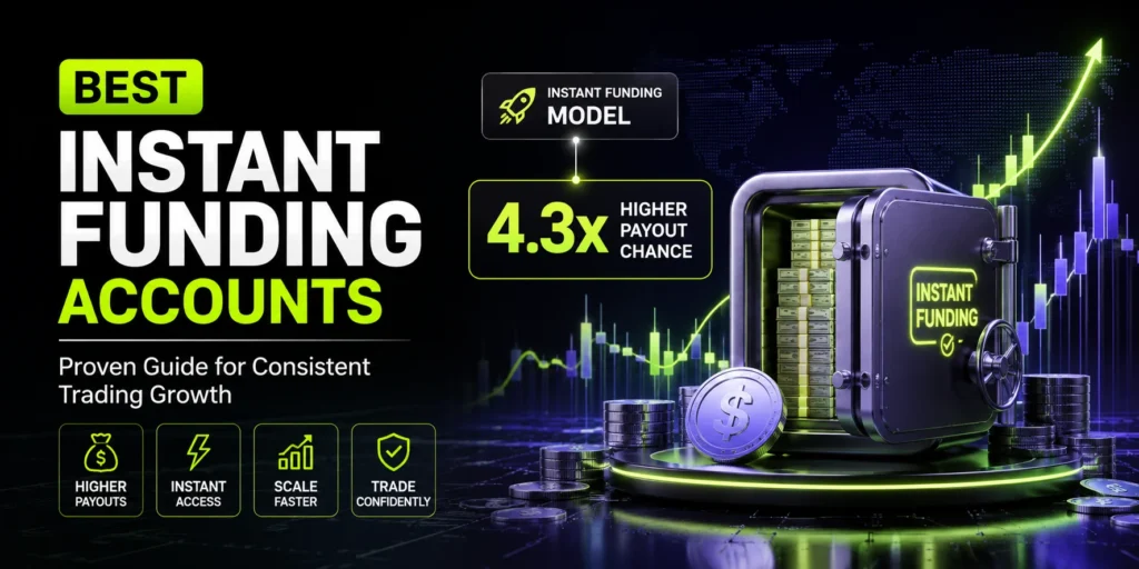 Instant Funding Accounts feature image showing a funded trading vault, 4.3x higher payout chance, instant funding model, trading charts, and financial growth graphics.