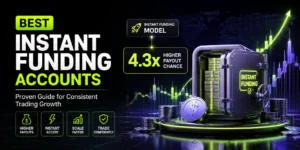 Instant Funding Accounts feature image showing a funded trading vault, 4.3x higher payout chance, instant funding model, trading charts, and financial growth graphics.