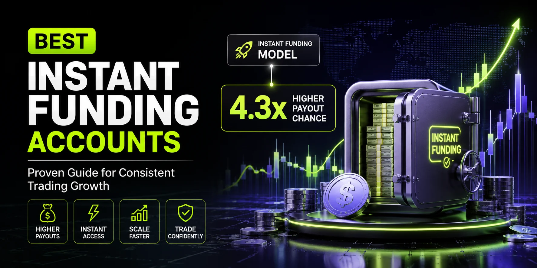 Instant Funding Accounts feature image showing a funded trading vault, 4.3x higher payout chance, instant funding model, trading charts, and financial growth graphics.